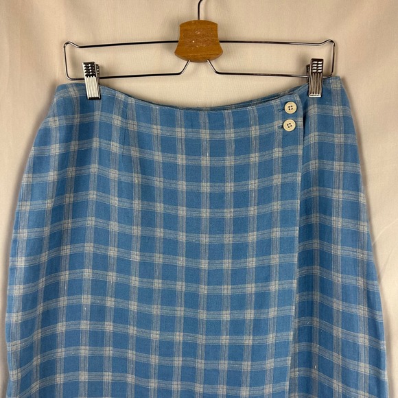 Talbots Petite 100% Irish Linen Blue Plaid Faux Wrap Maxi‎ Skirt Size 12 Vintage - Picture 3 of 9